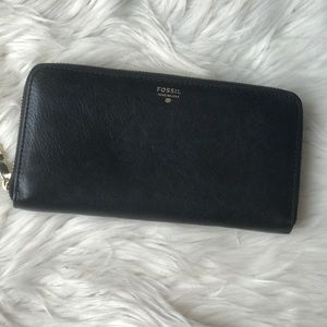 Fossil black leather zip around wallet
